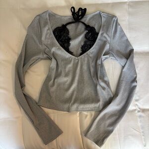 Gray Long Sleeve Top with Black Lace Detail